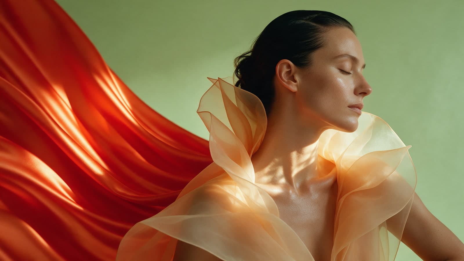 Portrait éditorial original créé avec Seedream 5.0 Pro, une femme entourée de soie corail